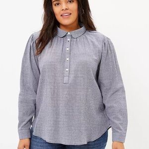 LOFT Collared Popover Blouse in Navy and White Pinstripes